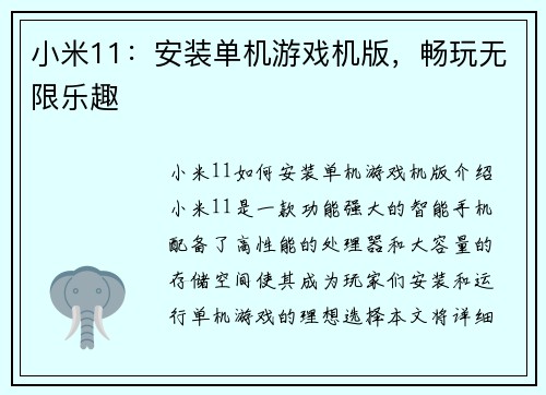 小米11：安装单机游戏机版，畅玩无限乐趣